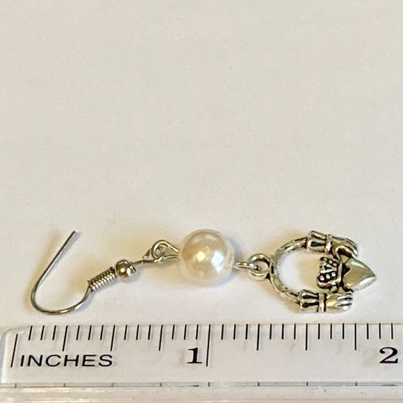 Claddagh Earrings Silver Plated Irish Celtic St Patricks Day White Glass Pearl - Picture 7 of 8